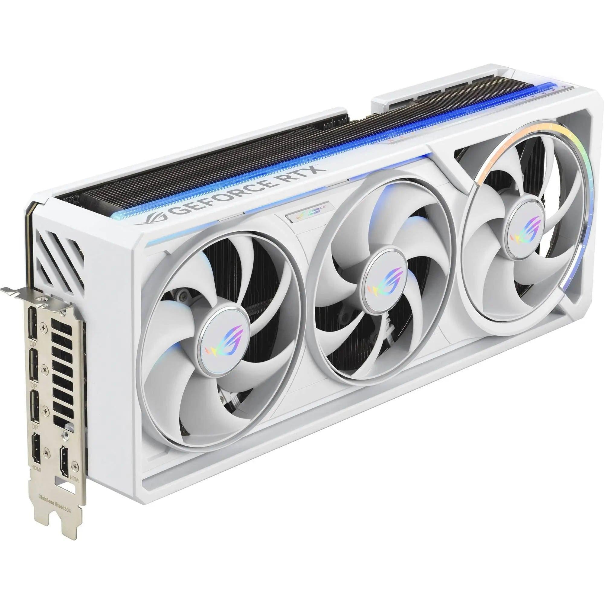 ASUS GeForce RTX 5090 ROG Astral White OC ekran kartı, beyaz tasarım ve yüksek performans, soğutucu ve bağlantı noktalarıyla detaylı görüntü