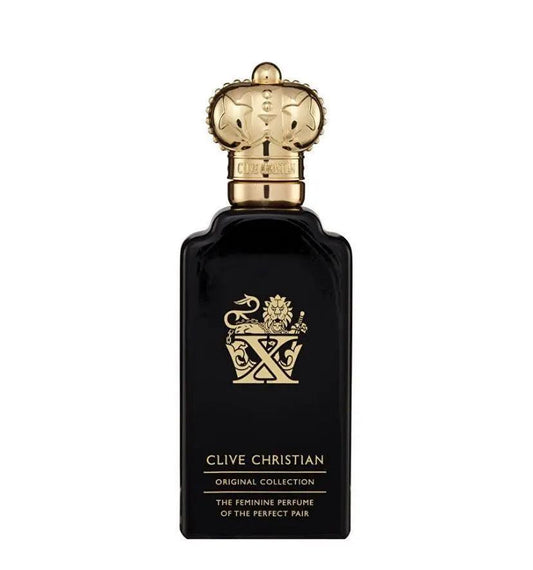 Clive Christian Original Collection X 100ml kadın parfüm şişesi, şeffaf cam ve altın detaylı tasarım, kadınlar için lüks koku.