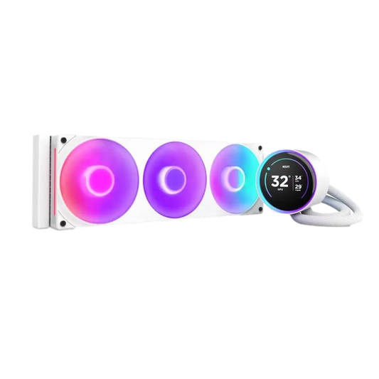 Beyaz NZXT Kraken Elite 360 AIO LCD 360mm RGB sıvı işlemci soğutucusu, şık tasarım ve gelişmiş soğutma özellikleriyle görünüm.