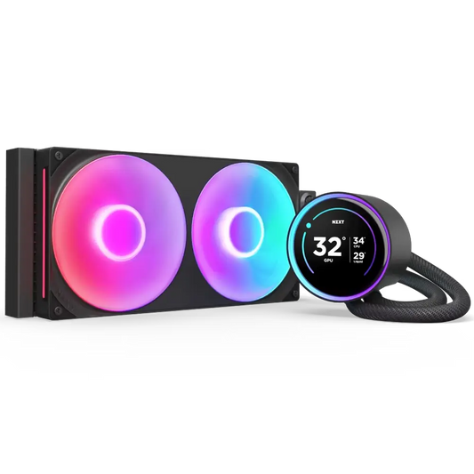 Bazaar Of USA tarafından siyah NZXT Kraken Elite 280 RGB 280mm işlemci sıvı soğutucu, radyatör ve RGB aydınlatma detaylarıyla.