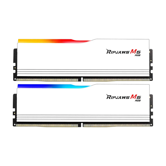 GSKILL Ripjaws M5 32GB (2x16GB) DDR5 6000MHz beyaz RGB RAM, XMP dual kit, üzerinde RGB aydınlatma ve şık tasarım