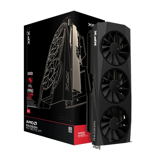 XFX QuickSilver Radeon RX 9070 XT Gaming ekran kartı, 16GB GDDR6 bellek ve 256 bit veri yolu ile detaylı görünüm