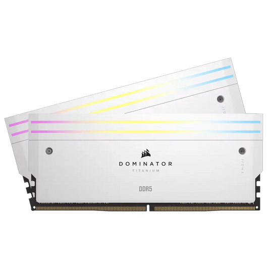 Corsair Dominator Titanium 96GB DDR5 RAM çift seti, RGB aydınlatmalı, 6000MHz, CL30, beyaz renk, yüksek performanslı bellek.
